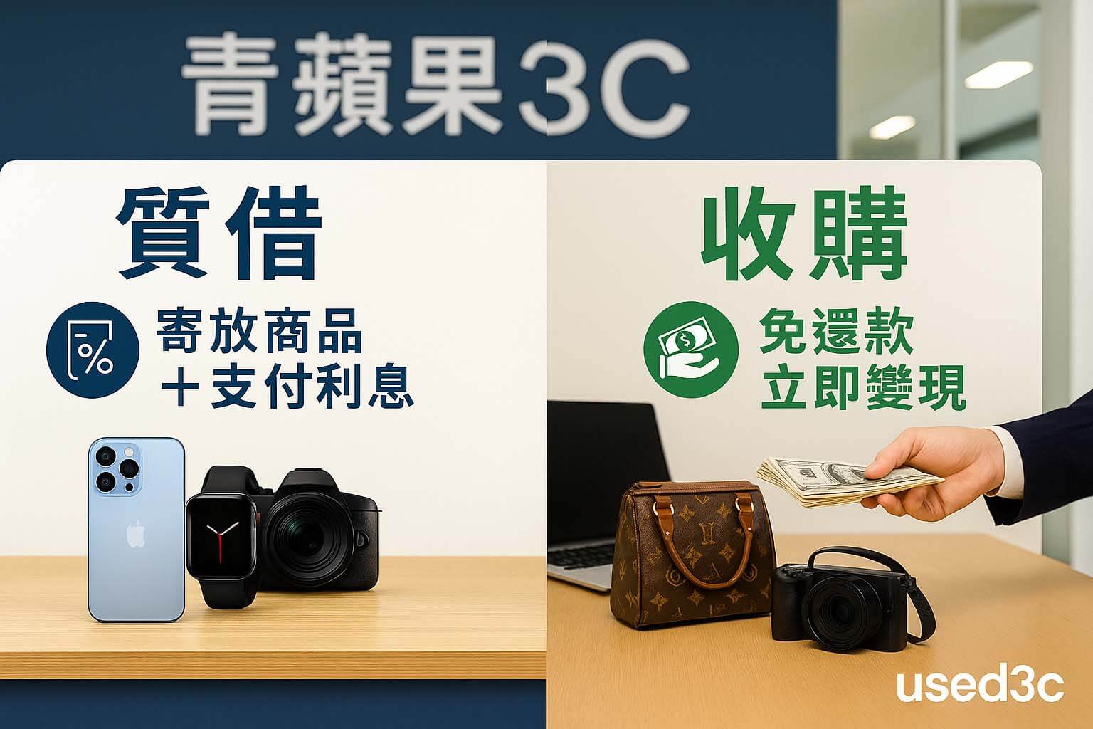 ershou.tw 二手指南｜3C 產品收購與質借情境比較：手機、相機、筆電、名牌包；收購免還款立即變現，質借為寄放商品並需支付利息可贖回｜青蘋果3C