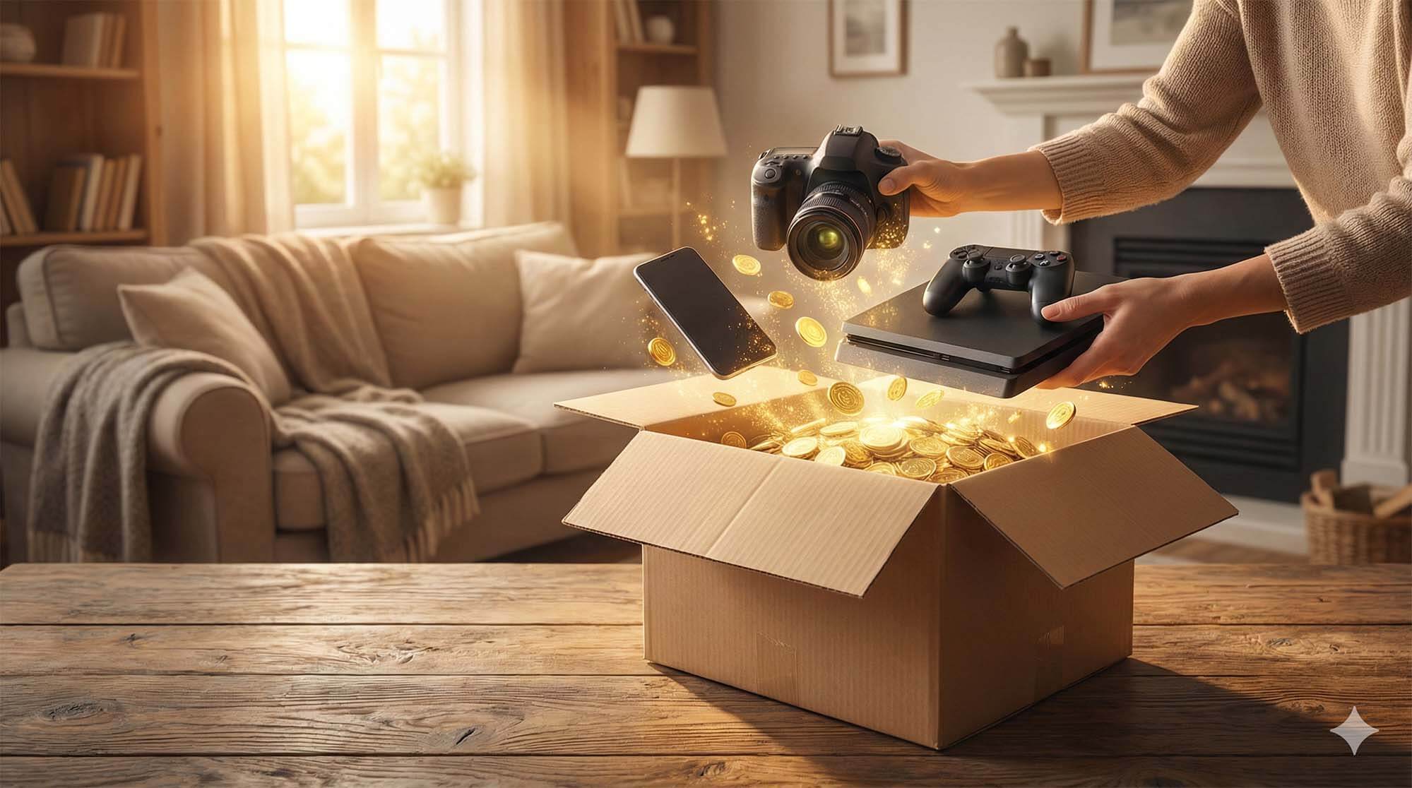 溫馨的居家場景,桌上擺放著整理好的二手相機與手機,正在轉化為發光的金幣,象徵變現。
