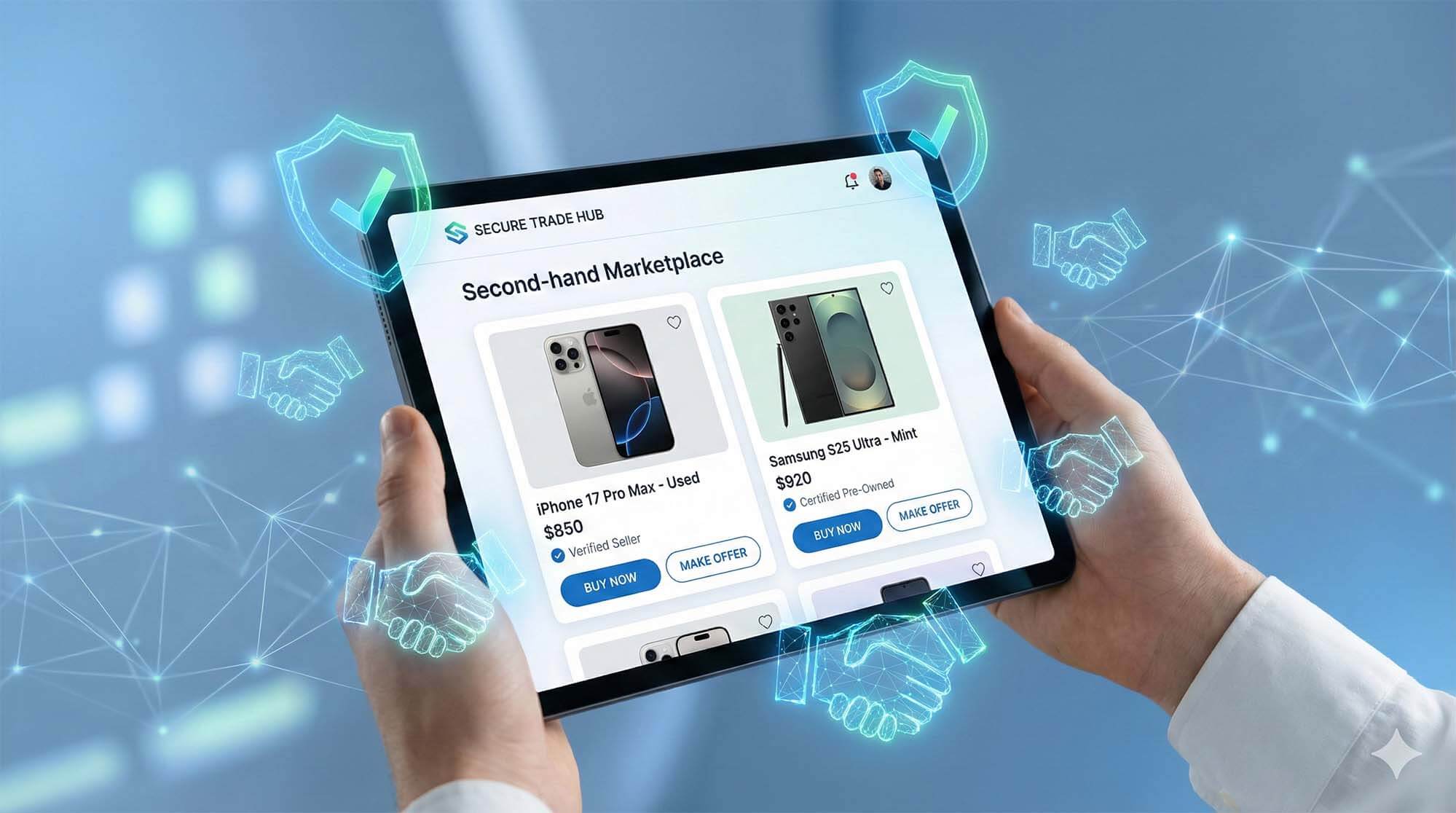 數位化的二手手機交易平台介面概念，展示 iPhone 17 與 S25 Ultra 商品卡 / Digital second-hand phone trading platform interface concept, displaying iPhone 17 and S25 Ultra product cards.